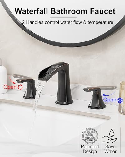 Brass Waterfall Faucet, Oil Rubbed Bronze Bathroom Sink Faucet, 4-16 Inch Widespread Bathroom Faucet, 2 Handle Bathroom Faucets for Sink 3 Hole with Overflow Pop-up Drain for Farmhouse Apartment - color: Oil Rubbed Bronze