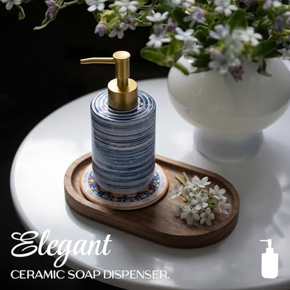 Ceramic Soap Dispenser Set - Compact Refillable Hand & Dish Soap Dispenser for Bathroom & Kitchen, Non-Slip Absorbent Mat & Silicone Funnel, Space-Saving Countertop Design, 11.8 oz