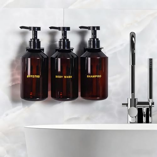 Wall Mounted Shampoo Dispenser for Shower, 3 Chamber 16.9 fl oz Each, 4CC Pump Soap Dispenser for Bathroom, Glossy Black Shampoo and Conditioner Dispenser with Crystal Labels (Brown) - color: Brown