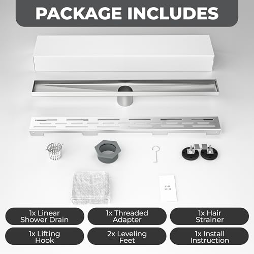 24 Inch Linear Shower Drain - Removable Brick Pattern Grate | 304 Stainless Steel Rectangular Floor Drain Set with Hair Catcher, Adjustable Leveling Feet & Adapter - color: Brushed Nickel With Grate, size: 24 Inch