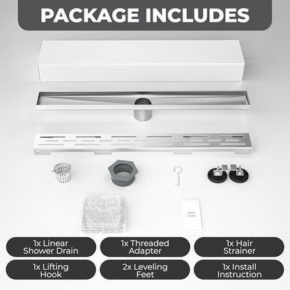 24 Inch Linear Shower Drain - Removable Brick Pattern Grate | 304 Stainless Steel Rectangular Floor Drain Set with Hair Catcher, Adjustable Leveling Feet & Adapter - color: Brushed Nickel With Grate, size: 24 Inch
