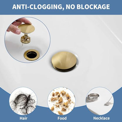Bathroom Sink Pop Up Drain Stopper, BWE Brushed Gold Finish Stainless Steel Drain with Overflow, Household Universal Vanity Sink Drain Replacement - color: Brushed Gold