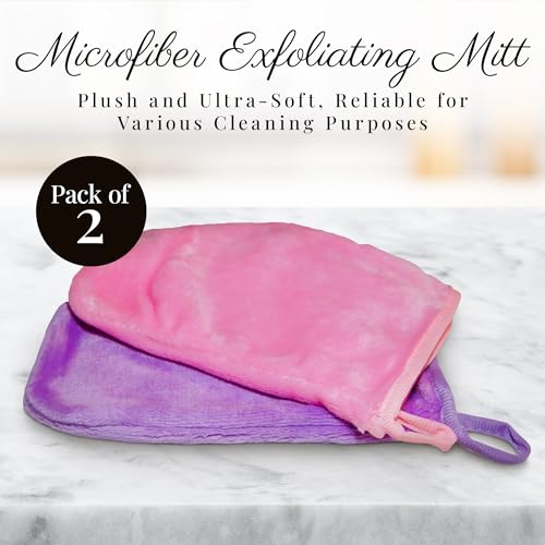 EcoSol Designs - Microfiber Mittens, Ultra-Soft Body Exfoliator Lathering and General Cleaning Dusting Must-Have, Thick Exfoliant Glove 2-Pack with Hanging Loops, Pink and Lavender, 6 x 9 inches Each - color: Mittens - Pink, Lavender