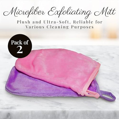 EcoSol Designs - Microfiber Mittens, Ultra-Soft Body Exfoliator Lathering and General Cleaning Dusting Must-Have, Thick Exfoliant Glove 2-Pack with Hanging Loops, Pink and Lavender, 6 x 9 inches Each - color: Mittens - Pink, Lavender