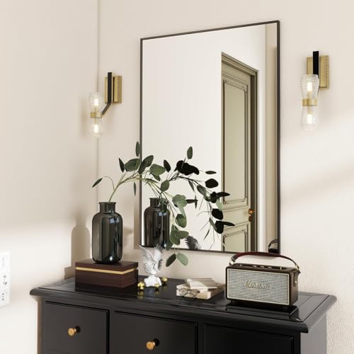 BEAUTYPEAK 26" x 38" Bathroom Wall Mirror with Metal Frame, Black | Rectangular Mirror with Horizontal or Vertical Hanging, Ideal for Bathrooms, Bedrooms, Entryways, and Vanity Spaces - color: Black, size: 38"L x 26"W
