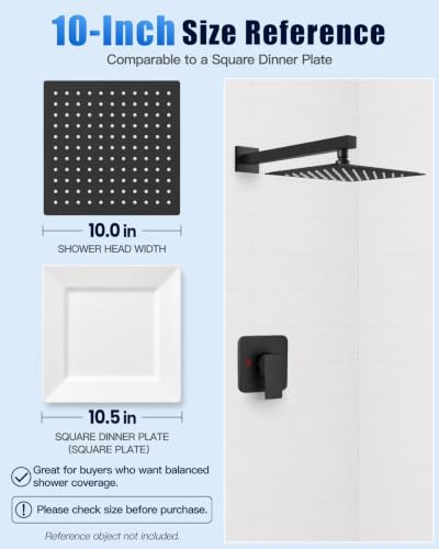 Heyalan 10 Inch Square Rain Shower Faucet Set with Valve, Matte Black | Female-thread 1/2-inch NPT connections, SUS304 shower head, brass rough-in valve, single-handle control Shower Set - color: Black, size: 10 Inch Square Shower Head
