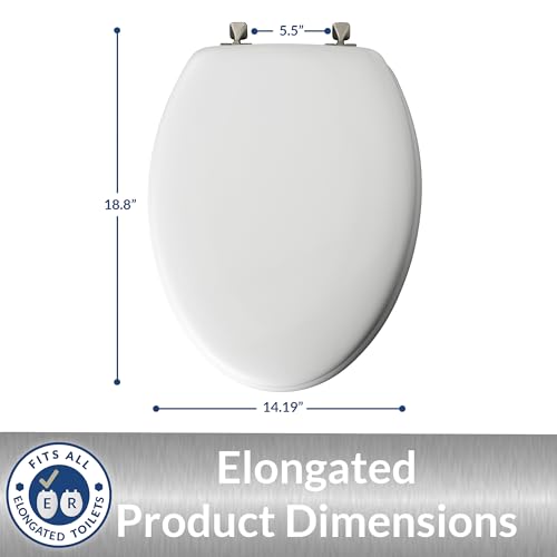 MAYFAIR 1844BNA 000 Toilet Seat with Brushed Nickel Hinges will Never Come Loose, ELONGATE, White - Brushed Nickel - size: Elongated, style: Brushed Nickel Hinge