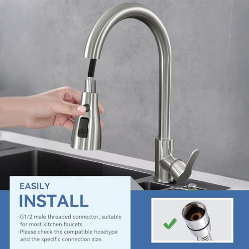 Kitchen Faucet Head Replacement with 3 Modes, Pull Down Spray Head for Kitchen Faucet, Kitchen Sink Sprayer Replacement Compatible with Moen, American Standard, Kohler Faucets - color: Brushed