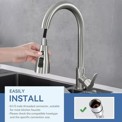 Kitchen Faucet Head Replacement with 3 Modes, Pull Down Spray Head for Kitchen Faucet, Kitchen Sink Sprayer Replacement Compatible with Moen, American Standard, Kohler Faucets - color: Brushed