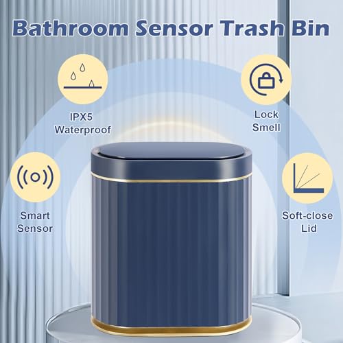 ELPHECO 2 Gallon Sensor Trash Can, Automatic Lid, Midnight Blue Gold | IPX5 Waterproof Bathroom Trash Bin, Slim Garbage Can, Plastic Wastebasket for Office, Bedroom and Kitchen - color: Blue Gold
