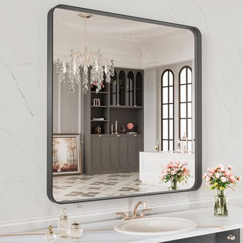 LOAAO 32X32 Inch Black Metal Framed Bathroom Mirror for Wall | Matte Black Bathroom Vanity Mirror, Anti-Rust, Hangs Horizontally or Vertically - color: Black, size: 32"L x 32"W