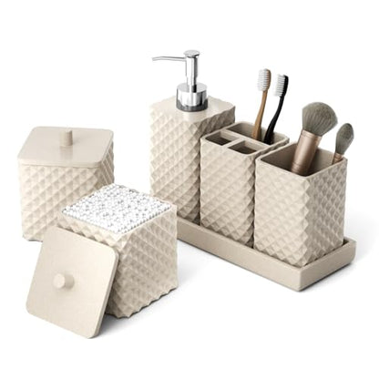 Bathroom Accessories Set Resin 6PCS, Square Toothbrush Holders Set Complete with Soap Dispenser, Vanity Tray, Tumbler, Cups and Cotton Swab Jars (Beige Diamond, Resin Bath 6 PCS) - color: Beige Diamond