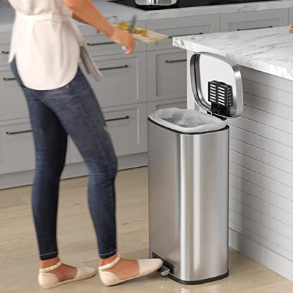 iTouchless SoftStep 8 Gallon Step Trash Can with Odor Control System and Removable Inner Bucket, Stainless Steel 30 Liter Kitchen Garbage Can Perfect for Home & Office - color: Silver, Step 8 Gal