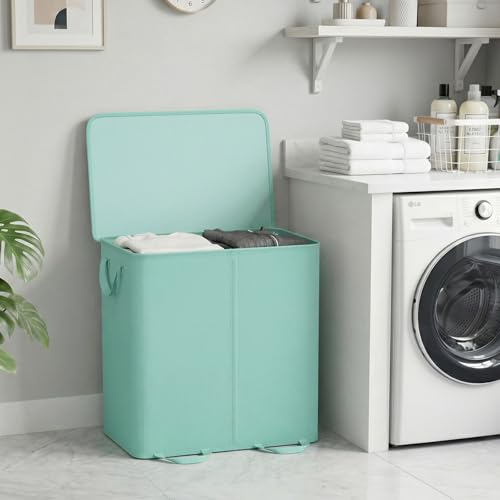 Lifewit Double Laundry Hamper with Lid and Removable Laundry Bags, Large Collapsible 2 Dividers Dirty Clothes Basket with Handles for Bedroom Laundry Room Closet Bathroom College, 136L Sage Green - color: Sage Green, size: 136L