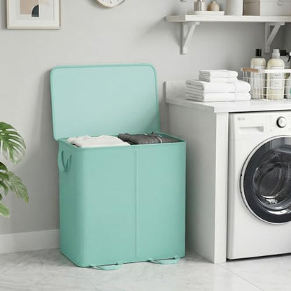 Lifewit Double Laundry Hamper with Lid and Removable Laundry Bags, Large Collapsible 2 Dividers Dirty Clothes Basket with Handles for Bedroom Laundry Room Closet Bathroom College, 136L Sage Green - color: Sage Green, size: 136L