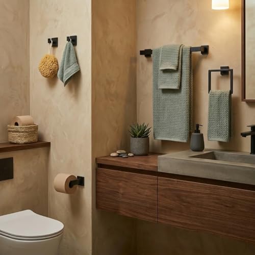 5-Piece Bathroom Hardware Set, 23.6 in Towel Bar, Matte Black | SUS304 stainless steel, 55 mm square bases, concealed screw mount, towel ring, toilet paper holder, 2 robe hooks - color: Matte Black