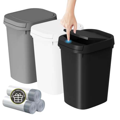 KSSKSS 3 Pack Bathroom Small Trash Can with Lid, 2.6 Gallon Slim Garbage Bin with Pop-Up Lid, 10L Plastic Wastebasket for Bedroom, Office, Kitchen, Toilet (Three Colors) - color: Three colors-included Trash bags