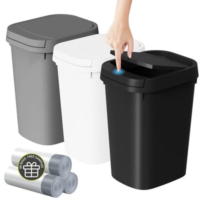 KSSKSS 3 Pack Bathroom Small Trash Can with Lid, 2.6 Gallon Slim Garbage Bin with Pop-Up Lid, 10L Plastic Wastebasket for Bedroom, Office, Kitchen, Toilet (Three Colors) - color: Three colors-included Trash bags