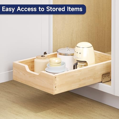 Pull Out Cabinet Organizer, 13.5 in W x 21 in D Solid Wood Slide Out Drawer, Soft Close Sliding Shelf, Bottom or Side Mount for Kitchen Pantry Bathroom, Fits 14.5 in Cabinet Opening - size: 13½” W × 4"H x 21” D