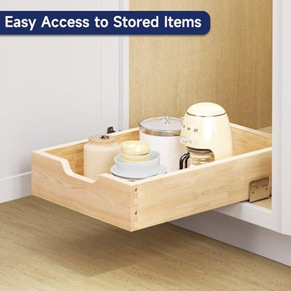 Pull Out Cabinet Organizer, 13.5 in W x 21 in D Solid Wood Slide Out Drawer, Soft Close Sliding Shelf, Bottom or Side Mount for Kitchen Pantry Bathroom, Fits 14.5 in Cabinet Opening - size: 13½” W × 4"H x 21” D