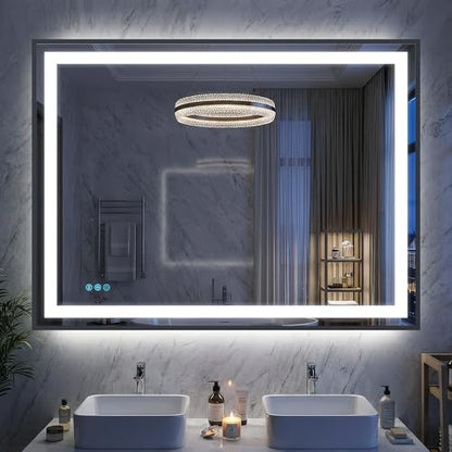 Antok 48X36 LED Bathroom Mirror with Lights, Vanity Mirror for Wall with Black Frame, Touch Control, Anti-Fog, Dimmable Lights, Shatter-Proof, Memory Function, Wall-Mounted Vanity Mirrors - size: 48"L x 36"W
