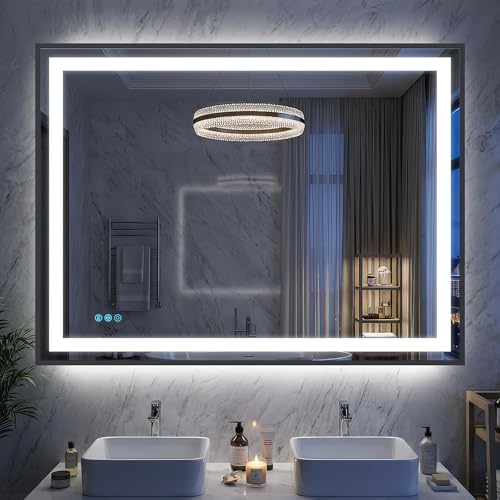 Antok 48X36 LED Bathroom Mirror with Lights, Vanity Mirror for Wall with Black Frame, Touch Control, Anti-Fog, Dimmable Lights, Shatter-Proof, Memory Function, Wall-Mounted Vanity Mirrors - size: 48"L x 36"W