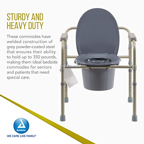 Dynarex Elongated Folding Bedside Commodes, 3-in-1 Design, Functions as a Commode, Raised Toilet Seat or Safety Rails, with Armrests, Drop-in Bucket & Splash Guard, 4 Commodes