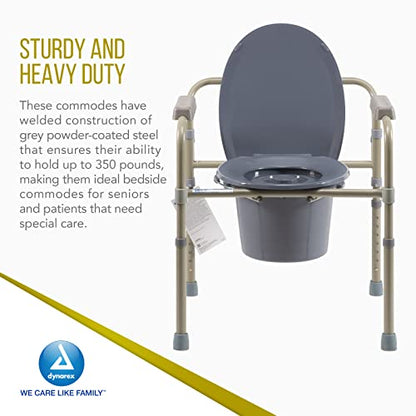 Dynarex Elongated Folding Bedside Commodes, 3-in-1 Design, Functions as a Commode, Raised Toilet Seat or Safety Rails, with Armrests, Drop-in Bucket & Splash Guard, 4 Commodes