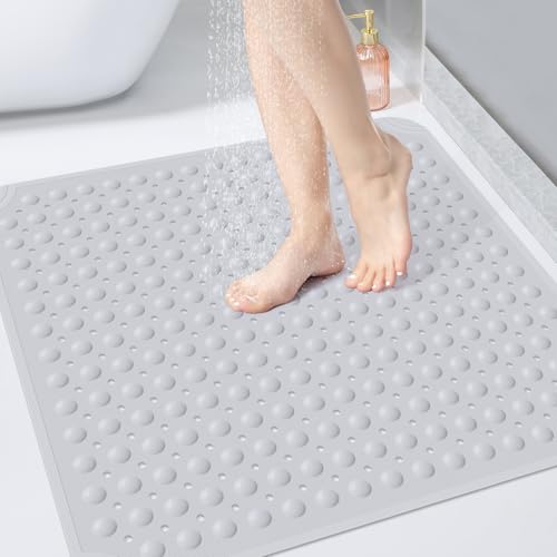 OTHWAY Square Shower Mat 32x32, TPE Non-Slip Shower Mats with Drain Holes and Suction Cups, Walk-in Mat for Inside Shower Stall, Anti-Slip for Elderly (Light Grey) - color: Light Grey, size: 32" x 32" (Square)