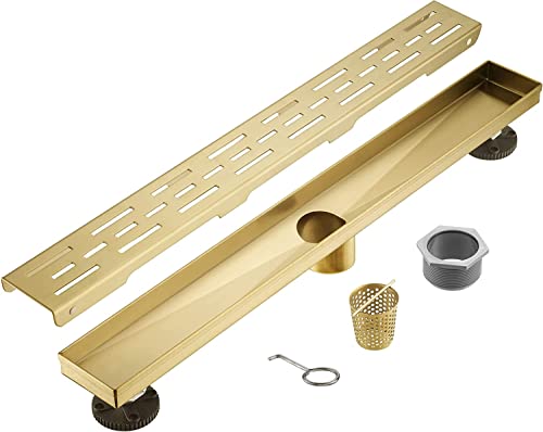 Linear Shower Drain, Brushed Gold Shower Drain 32 Inch with Removable Grate, SUS-304 Stainless Steel Rectangle Floor Drain with Leveling Feet and Hair Strainer, Bathroom Modern Drain SD-101 - color: Brushed Gold, size: 32 Inch