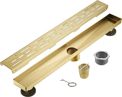 Linear Shower Drain, Brushed Gold Shower Drain 32 Inch with Removable Grate, SUS-304 Stainless Steel Rectangle Floor Drain with Leveling Feet and Hair Strainer, Bathroom Modern Drain SD-101 - color: Brushed Gold, size: 32 Inch