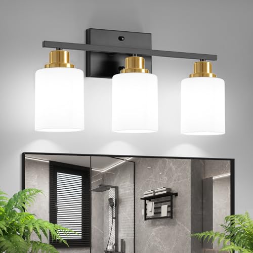 Ascher Bathroom Light Fixtures, 3-Light Vanity Light Over Mirror, Black and Gold Wall Sconces with Milky White Frosted Glass Shades, Wall Lamp for Living Room Bedroom, E26 Base(Bulbs Not Included) - color: Black and Gold, size: 3-Light