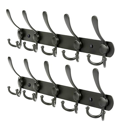 Wall Mount Coat Rack, Heavy Duty Stainless Steel Rack with 5 Tri Hooks for Hanging Coats Hat Towel Purse Robes for Kitchen, Bedroom, Bathroom, Entryway (Black, 2 Packs) - color: Black