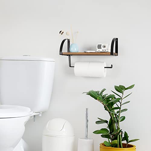 BTY Paper Towel Holder Wall Mount Farmhouse Wood Paper Towel Holder with Shelf Hanging Paper Towel Roll Rack Under Cabinet Spice Rack for Kitchen Bathroom Organizer Rustic Brown - color: Rustic Brown