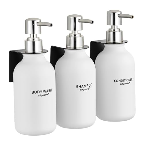 Shampoo and Conditioner Dispenser Set of 3, Wall Mounted | 16.9oz/500ml Refillable Bottles, No-Drill Installation, White Pumps, 27 Labels, For Hotels and Airbnbs - color: Matte White Bottle + Silver Pump