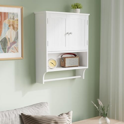 Smuxee White Bathroom Cabinet Wall Mounted with Towels Bar, Bathroom Medicine Cabinet with 2 Door Adjustable Shelves, Over Toilet Cabinet for Bathroom Laundry Room Kitchen - color: White Big With Towels Bar