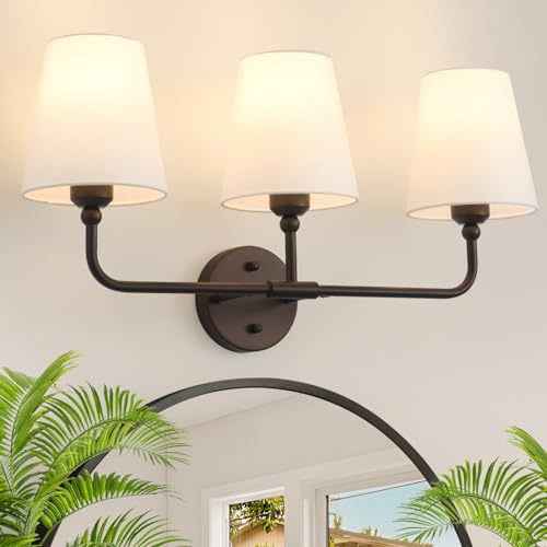 Bathroom Light Fixtures, 3-Light Oil Rubbed Bronze Vanity Lights, 25" Bathroom Lighting Fixtures Over Mirror with White Flared Fabric Shade, Modern Wall Sconces for Bathroom Living Room Hallway - color: Oil-Rubbed Bronze, size: 3-Light