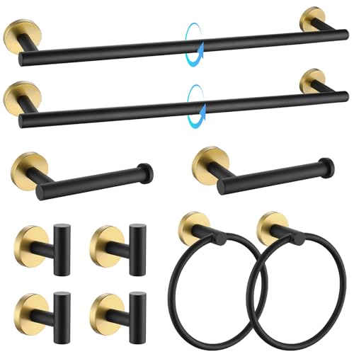 TQKAG Black and Gold Bathroom Hardware Accessories Set 10-Pieces, Premium SUS304 Stainless Steel Bathroom Towel Bar Holder Set 23.6 Inch Round Towel Racks for Bathroom Wall Mounted - color: Black+gold, size: 10-Pieces Set