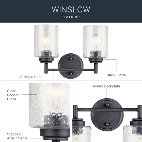 Kichler Winslow 2-Light Farmhouse Vanity Light, Black | Clear seeded glass vanity light with industrial styling (12.75" x 9.25" x 6.5"), 45885BK - color: Black, size: 13"