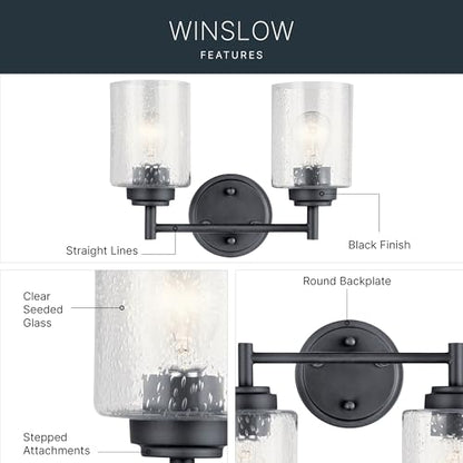 Kichler Winslow 2-Light Farmhouse Vanity Light, Black | Clear seeded glass vanity light with industrial styling (12.75" x 9.25" x 6.5"), 45885BK - color: Black, size: 13"