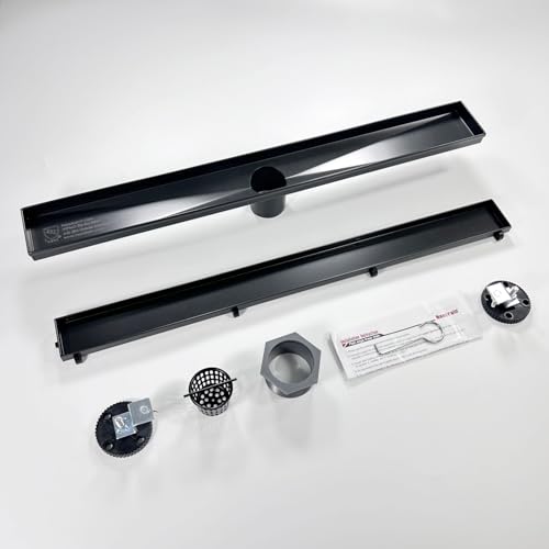 Neodrain 24" Shiny Black Linear Shower Drain,2-in-1 Flat& Tile Insert Cover | 304 Stainless Steel,Fast Drainage, Durable,Rectangle Shower Floor Drain with Adjustable Feet,Hair Strainer,Fits Bathrooms - color: Shiny Black, size: 24 In
