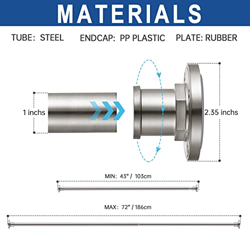 Industrial Shower Curtain Rod - 2-in-1 Design Tension Curtain Rod - Never Rust Non-Slip 43 to 72 Inch 304 Stainless Steel, Brushed Nickel Window Curtain Rod - color: Brushed Nickel, size: 43-72 Inches
