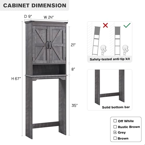 67" Farmhouse Over The Toilet Storage Bathroom Cabinet, Grey Wash | Double Barn Doors, Adjustable Shelf, Open Cubby, Weathered Finish - color: Grey Wash