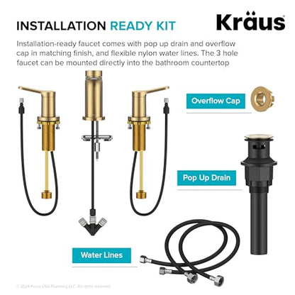 KRAUS Indy Widespread Bathroom Faucet in Spot-Free Brushed Brass with 2 Handles, Pop Up Drain and Supply Lines, FUS-14103SFBB - color: Spot Free Brushed Brass, style: Widespread