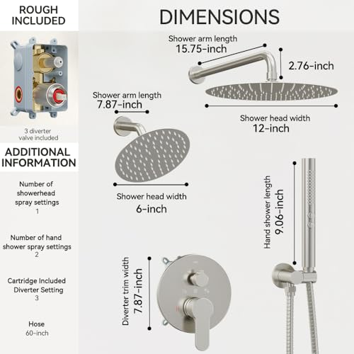 Shower Systems STARBATH 12+6" Round Dual Rainfall Shower Head with Handheld Spray for Two People, Wall Mounted 3 Way Rain Shower Faucet Sets Complete, Included Valve and Trim Kit, Brushed Nickel - color: Brushed Nickel, size: 6+12 inch-05