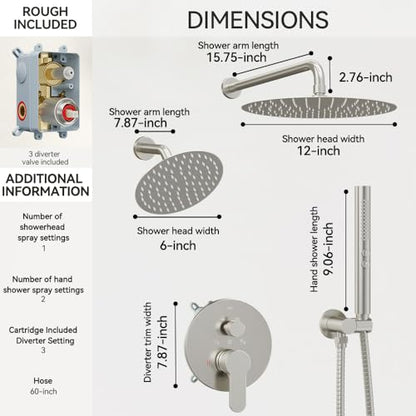Shower Systems STARBATH 12+6" Round Dual Rainfall Shower Head with Handheld Spray for Two People, Wall Mounted 3 Way Rain Shower Faucet Sets Complete, Included Valve and Trim Kit, Brushed Nickel - color: Brushed Nickel, size: 6+12 inch-05