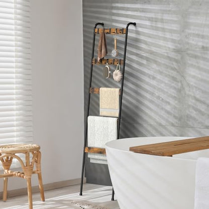 Wall Mounted Blanket Ladder 5-Tier Quilt Ladder, Rustic Brown and Black