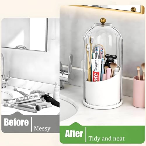 JEESA Dustproof Toothbrush Holder with Cover, Transparent/White | 360° Rotating, 180° Sliding Lid, 3 Slots, Toothbrush Organizer, for Bathroom Countertop - color: Transparent/White