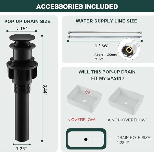 Black Tall Waterfall Bathroom Faucet, Single Hanlde Vessel Sink Faucet with Waterfall Spout, Bathroom Faucets for 1 Hole, RV Lavatory Vanity Mixer Bar Tap with Pop Up Drain and Hoses KMBF015B | Bathroom Faucets for RV Lavatory Vanity Mixer Bar Tap with Po