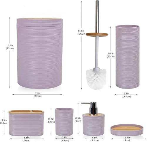 CERBIOR Bamboo Bathroom Accessories Set 6 Piece Spiral Bath Ensemble,Purple | Includes Soap Dispenser, Toothbrush Holder, Toothbrush Cup, Soap Dish for Decorative Countertop and Housewarming Gift - style: Purple